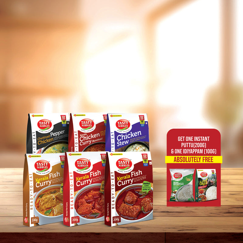 Ready To Eat Non Veg Curry Combo - Chicken & Fish Curry 200g Pack Each [FREE Puttu 200g & Instant Idiyappam 100g]